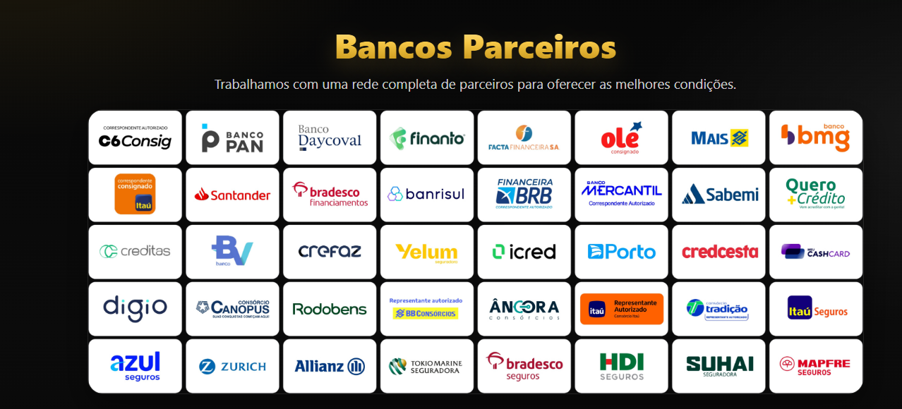 Painel institucional com marcas de bancos, financeiras, consórcios e seguradoras parceiras